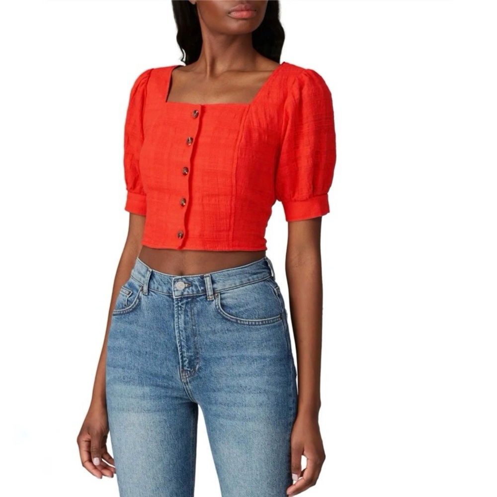 Love, Whit Women's Red Button-Up Puff Sleeves Crop Top Size Small
